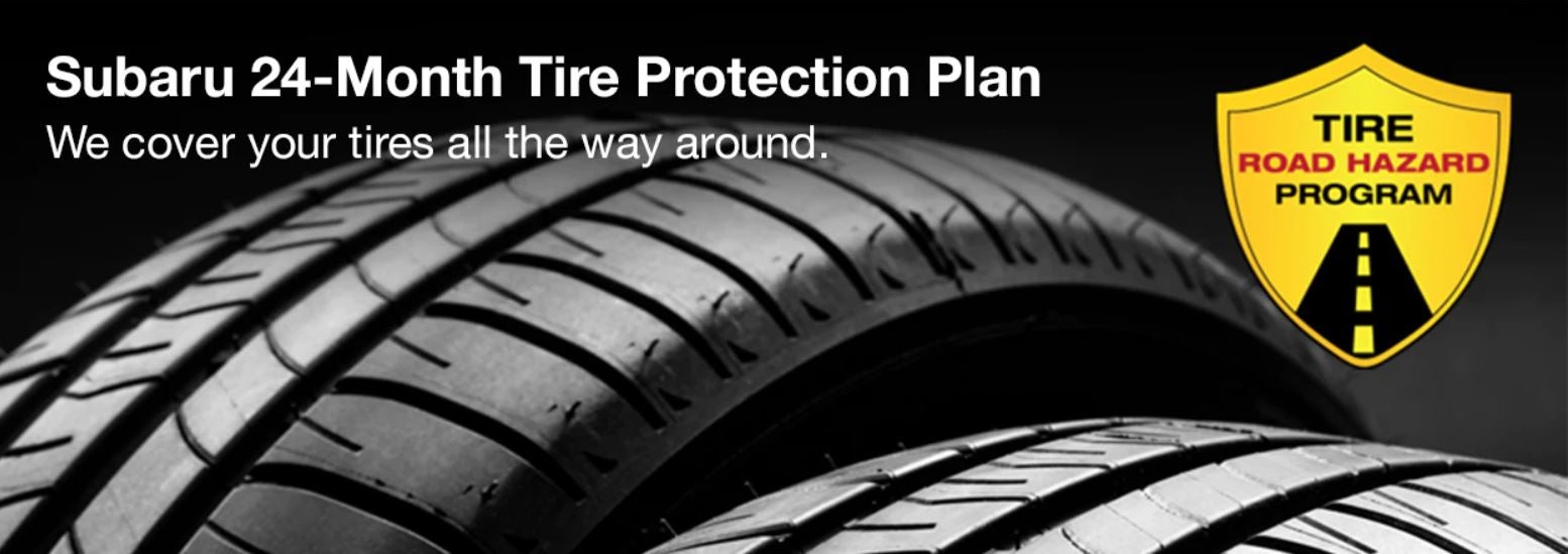 Subaru tire with 24-Month Tire Protection and road hazard program logo. | Sunset Hills Subaru in Sunset Hills MO