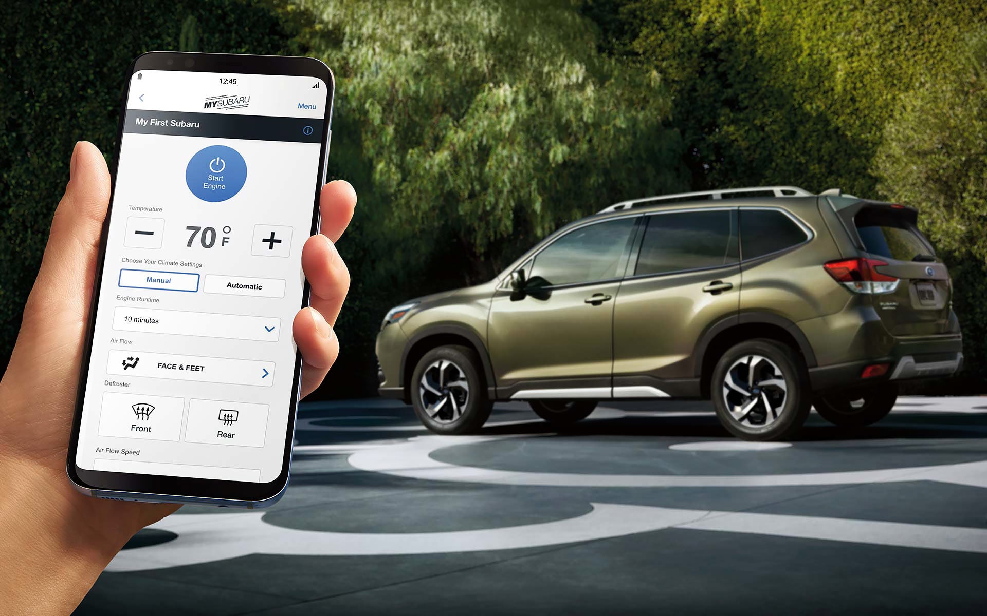 A close-up of a phone showing the Remote Engine Start with Climate Control feature of SUBARU STARLINK® Safety and Security available on the 2022 Forester. | Sunset Hills Subaru in Sunset Hills MO