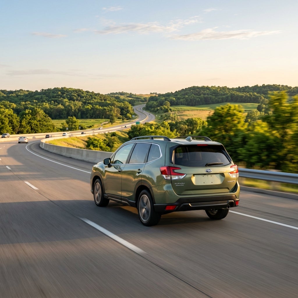 Green Subaru SUV driving along a winding highway through scenic green hills during golden hour. (Representative image for illustration purposes only. Actual vehicle may vary based on trim and configuration.)