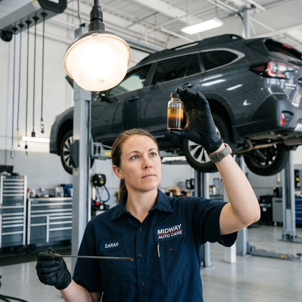 Female mechanic in a workshop inspects a glass sample jar showing fluid separation while holding a dipstick. (Representative image for illustration purposes only. Actual vehicle may vary based on trim and configuration.)