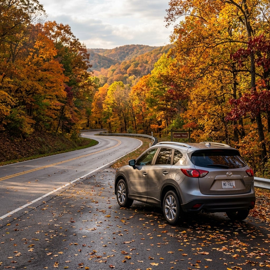 Silver SUV parked on the side of a winding road surrounded by colorful autumn trees. (Representative image for illustration purposes only. Actual vehicle may vary based on trim and configuration.)