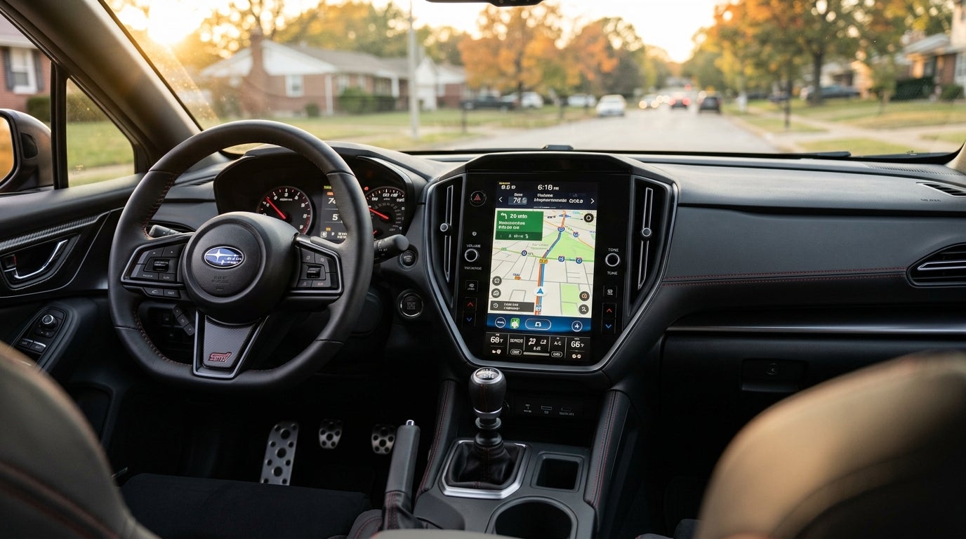 Driver seat view of a Subaru interior with a large vertical touchscreen, STI steering wheel, and manual transmission. (Representative image for illustration purposes only. Actual vehicle may vary based on trim and configuration.)