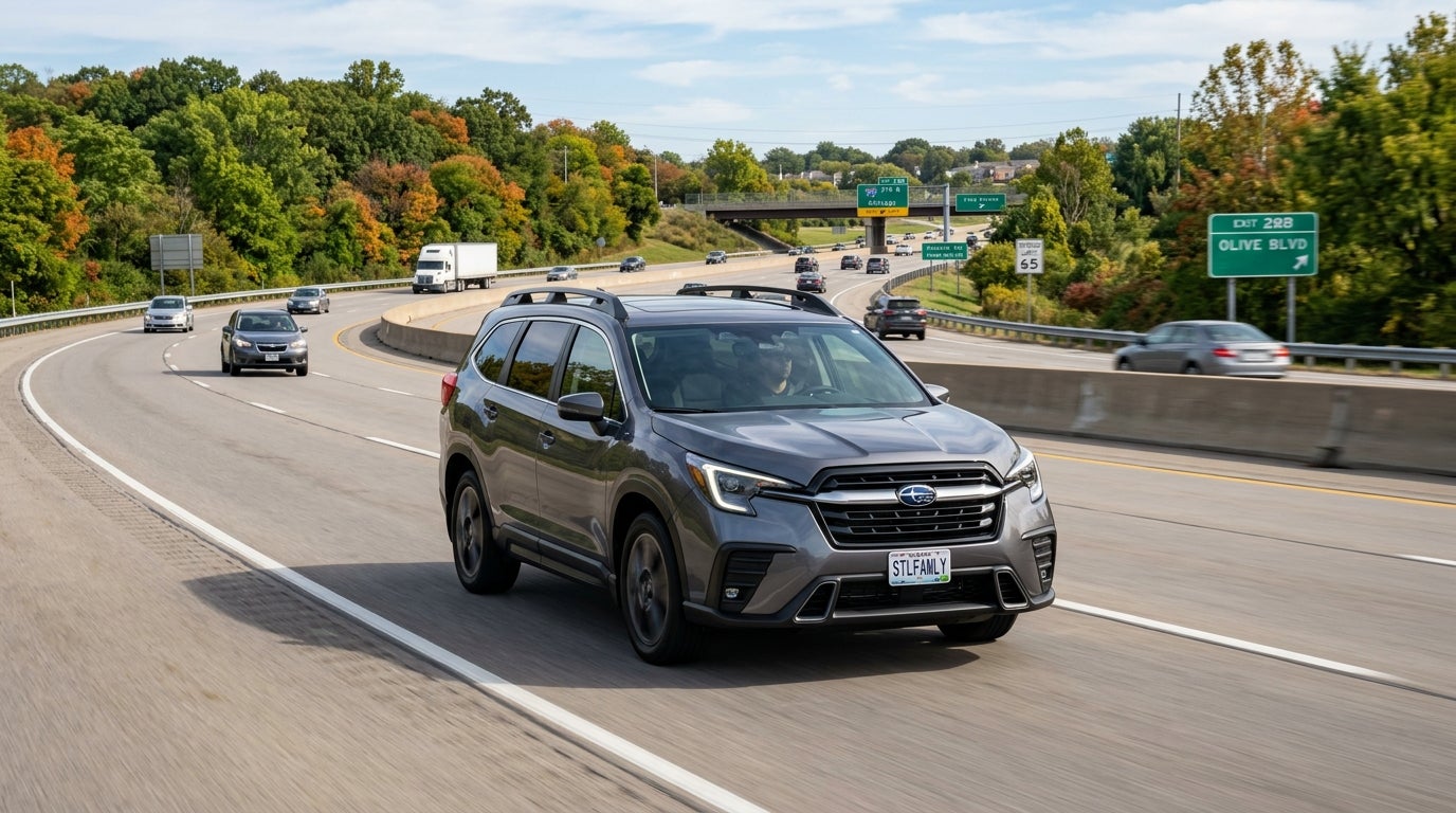A dark grey Subaru SUV driving along a multi-lane highway with autumn trees and green exit signs in the background. (Representative image for illustration purposes only. Actual vehicle may vary based on trim and configuration.)
