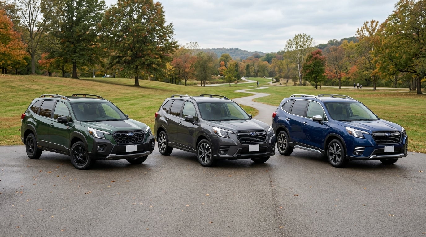 Three Subaru Forester SUVs in green, gray, and blue parked side by side outdoors during autumn. (Representative image for illustration purposes only. Actual vehicle may vary based on trim and configuration.)
