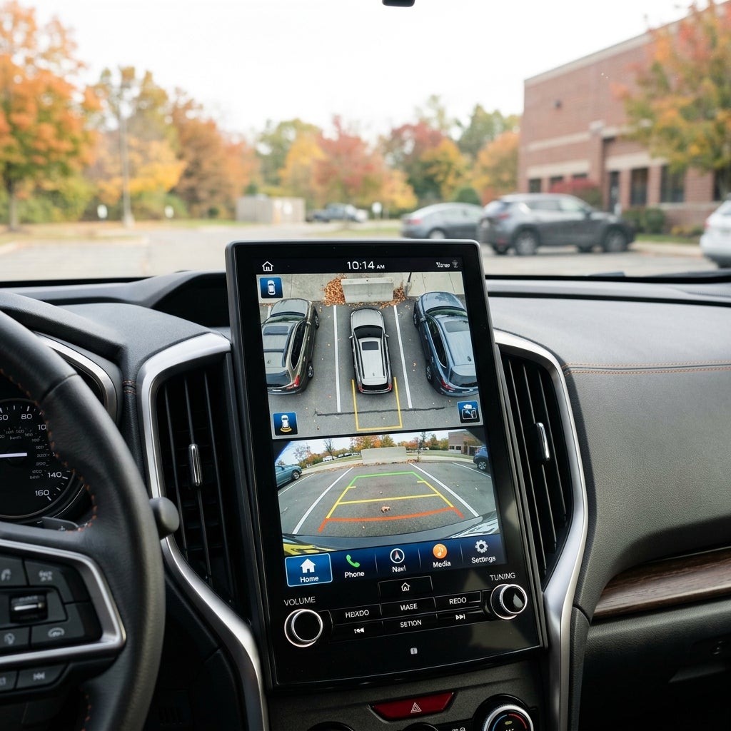 Car infotainment screen displaying 360-degree overhead and rear backup camera views in a parking lot. (Representative image for illustration purposes only. Actual vehicle may vary based on trim and configuration.)