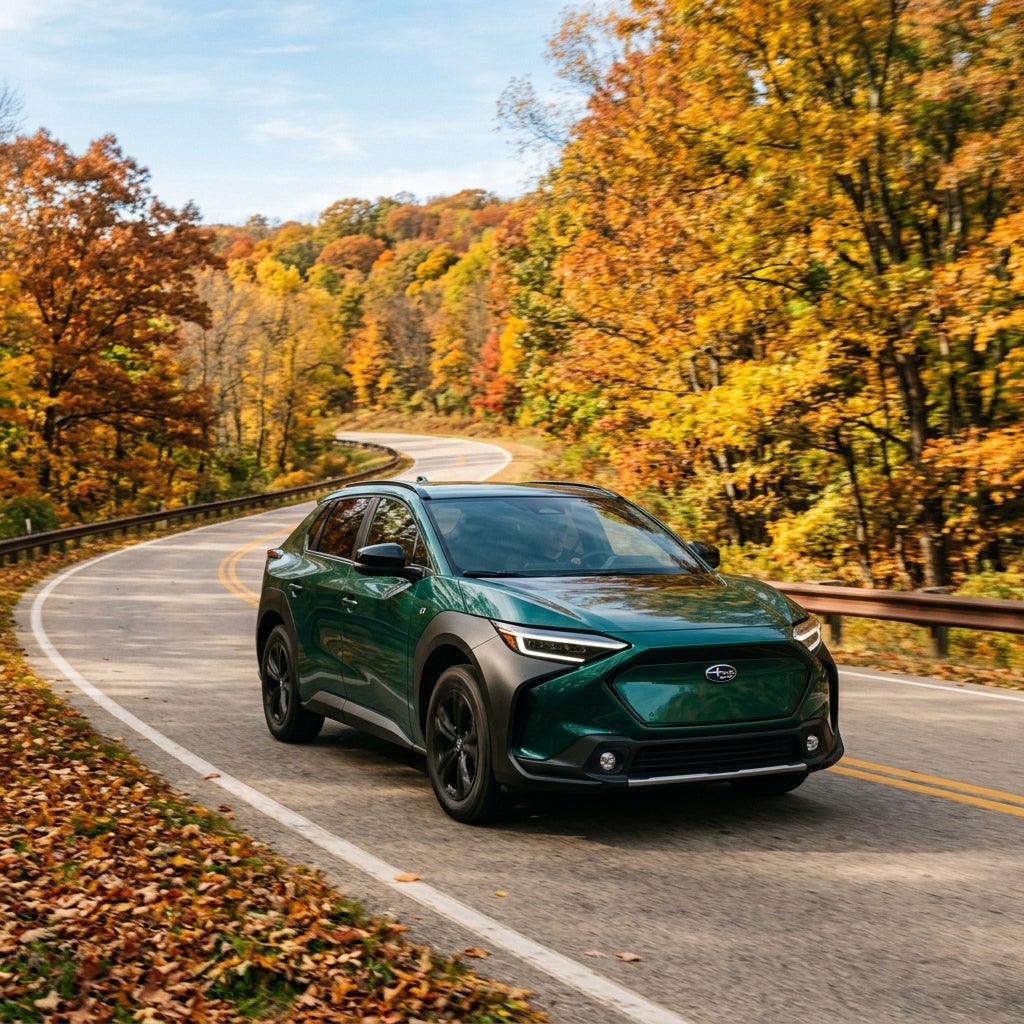 A dark green Subaru Solterra electric SUV driving along a winding road surrounded by vibrant autumn trees. (Representative image for illustration purposes only. Actual vehicle may vary based on trim and configuration.)