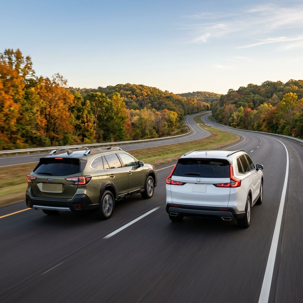 Rear view of an olive green Subaru Outback and white Honda CR-V driving along a scenic fall highway. (Representative image for illustration purposes only. Actual vehicle may vary based on trim and configuration.)