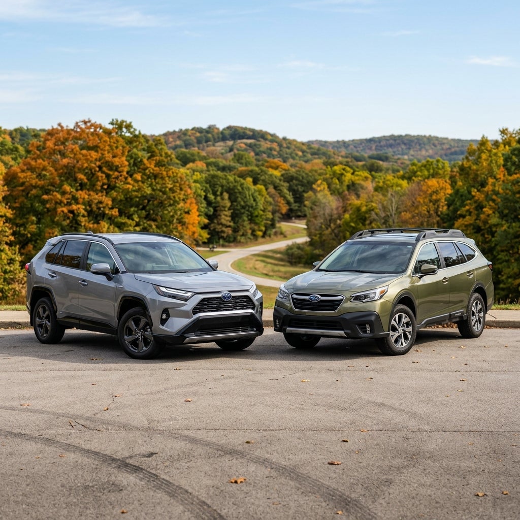 Silver Toyota RAV4 Hybrid and olive green Subaru Outback parked side by side outdoors during autumn. (Representative image for illustration purposes only. Actual vehicle may vary based on trim and configuration.)