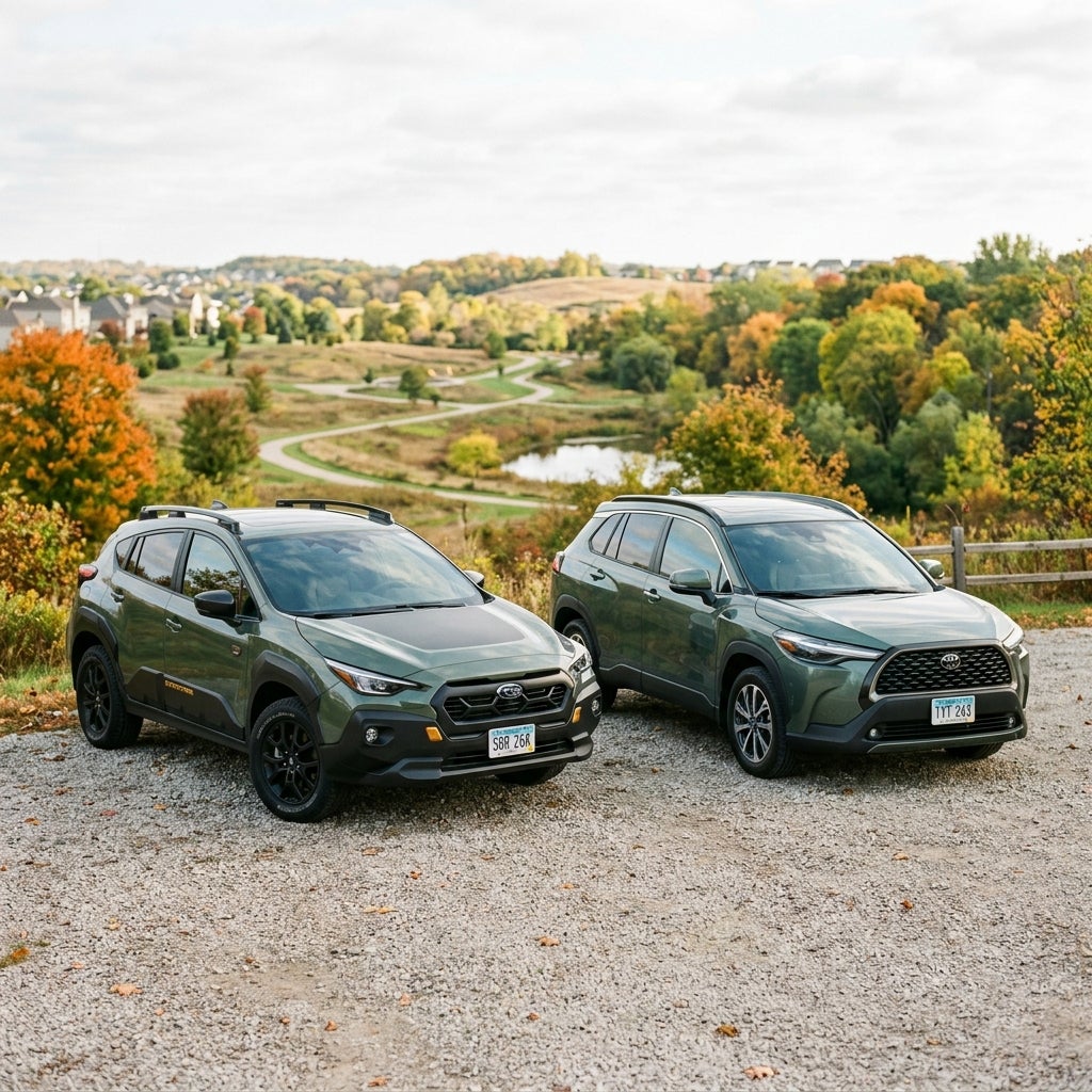 Two olive green compact SUVs parked side by side on a gravel lot overlooking a scenic autumn landscape. (Representative image for illustration purposes only. Actual vehicle may vary based on trim and configuration.)