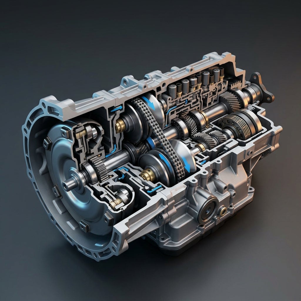A detailed 3D cutaway visualization of a car transmission showing internal gears, chain belt, and fluid pathways. (Representative image for illustration purposes only. Actual vehicle may vary based on trim and configuration.)