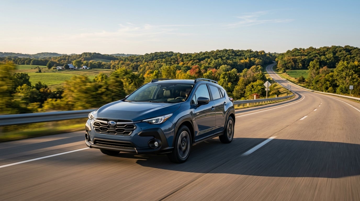 A blue Subaru Crosstrek driving down a scenic rural highway surrounded by rolling green hills. (Representative image for illustration purposes only. Actual vehicle may vary based on trim and configuration.)
