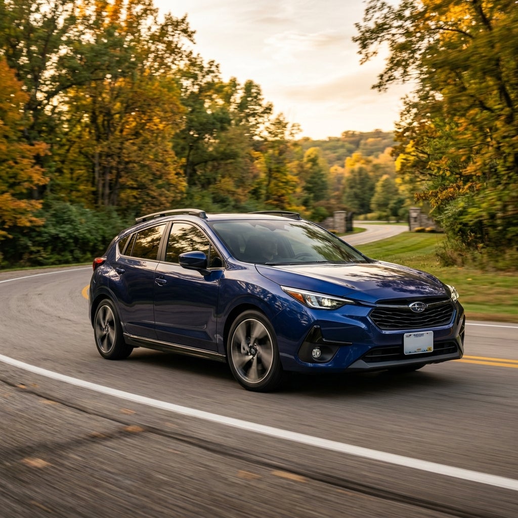 A dark blue Subaru hatchback driving around a curve on a scenic road lined with autumn trees. (Representative image for illustration purposes only. Actual vehicle may vary based on trim and configuration.)