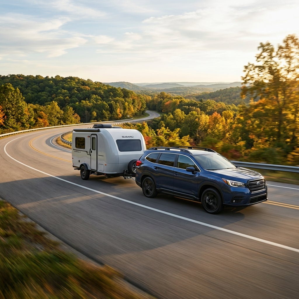 A dark blue Subaru SUV towing a small white camper trailer along a winding two-lane road in autumn. (Representative image for illustration purposes only. Actual vehicle may vary based on trim and configuration.)