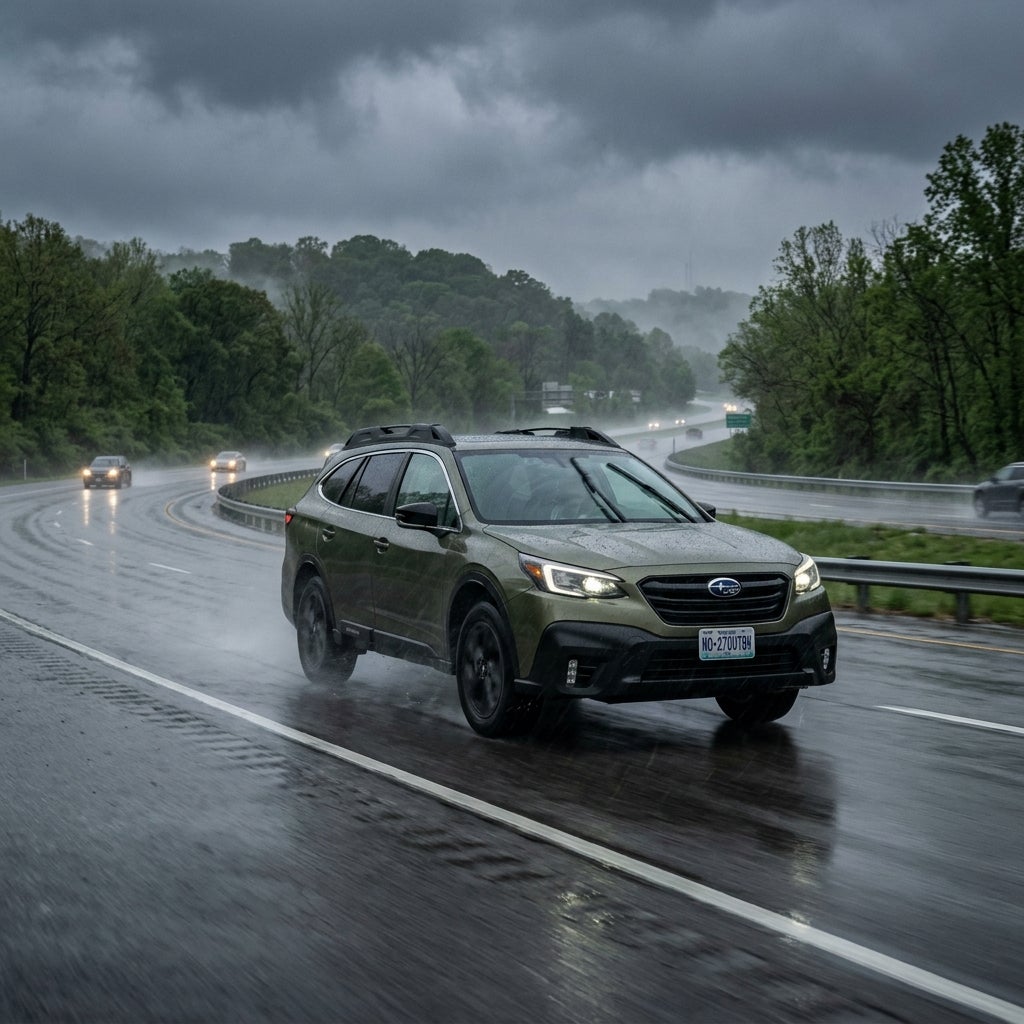 Green Subaru Outback driving along a wet highway during a rainy day with misty green hills in the background. (Representative image for illustration purposes only. Actual vehicle may vary based on trim and configuration.)