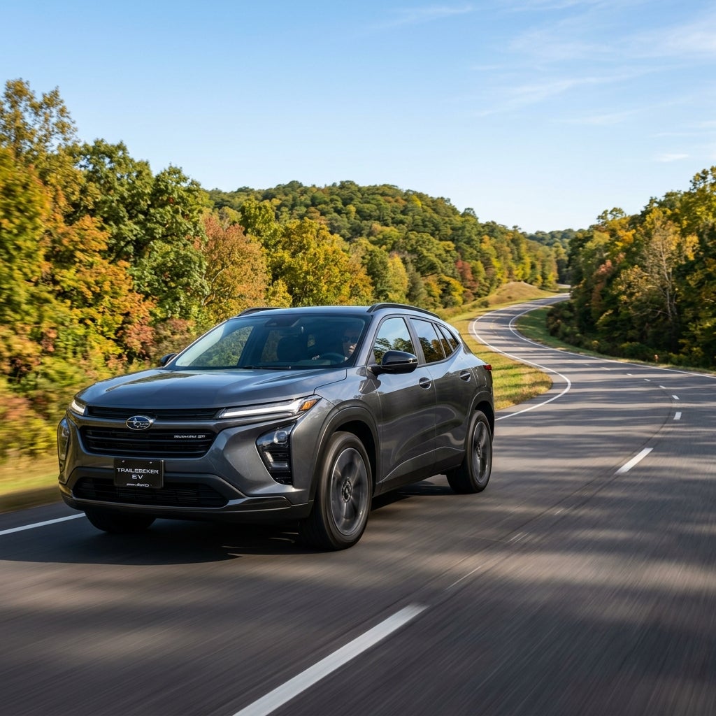 Dark gray Subaru Trailseeker EV driving on a winding forest road with autumn foliage. (Representative image for illustration purposes only. Actual vehicle may vary based on trim and configuration.)