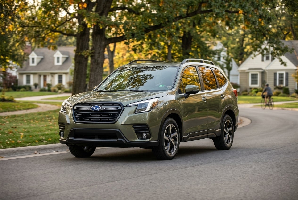 An olive green Subaru Forester driving down a tree-lined residential street in autumn. (Representative image for illustration purposes only. Actual vehicle may vary based on trim and configuration.)