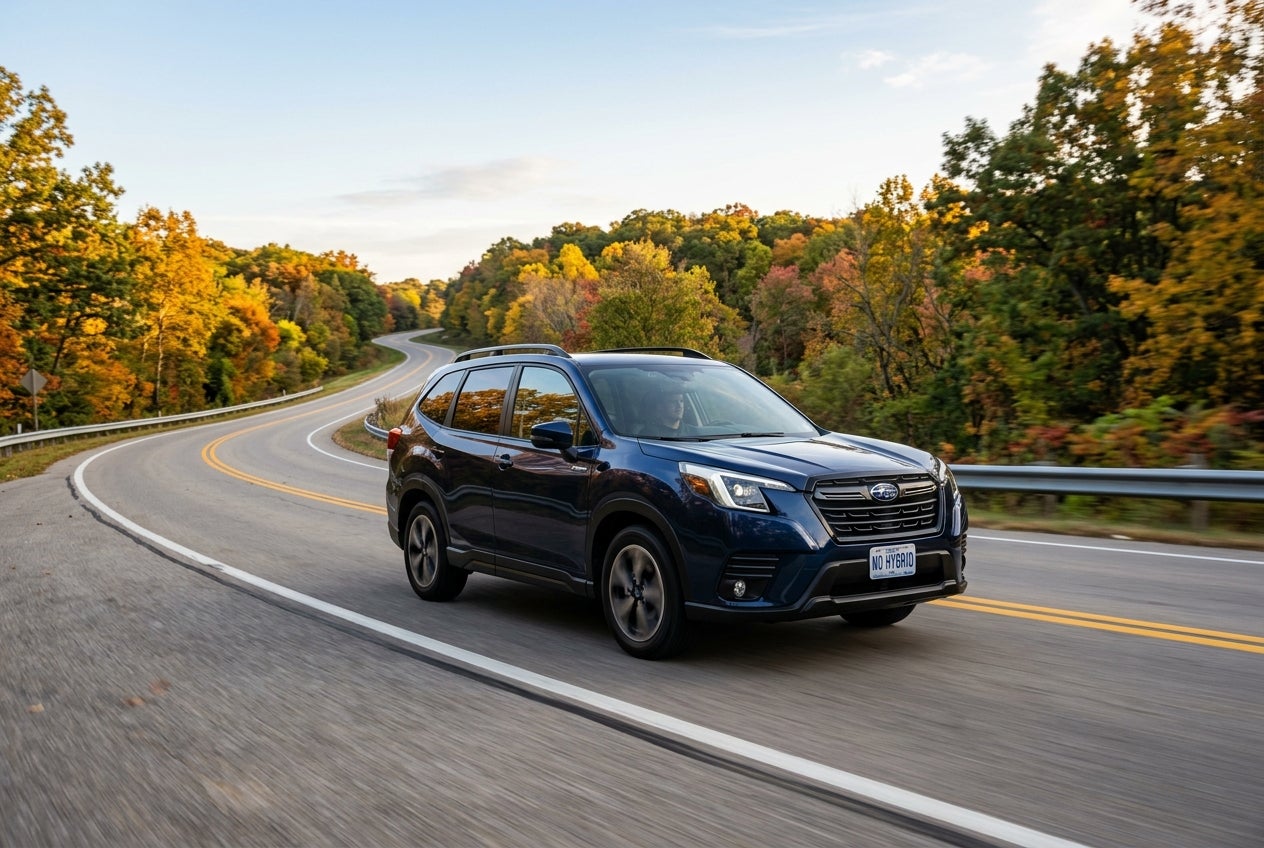 Dark blue Subaru Forester driving along a winding road surrounded by colorful autumn trees. (Representative image for illustration purposes only. Actual vehicle may vary based on trim and configuration.)