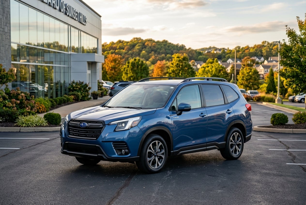 Blue Subaru Forester SUV parked outside a dealership during autumn. (Representative image for illustration purposes only. Actual vehicle may vary based on trim and configuration.)