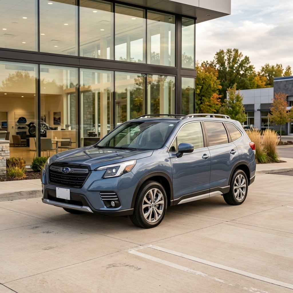 Blue Subaru Forester SUV parked in front of a modern glass dealership building. (Representative image for illustration purposes only. Actual vehicle may vary based on trim and configuration.)