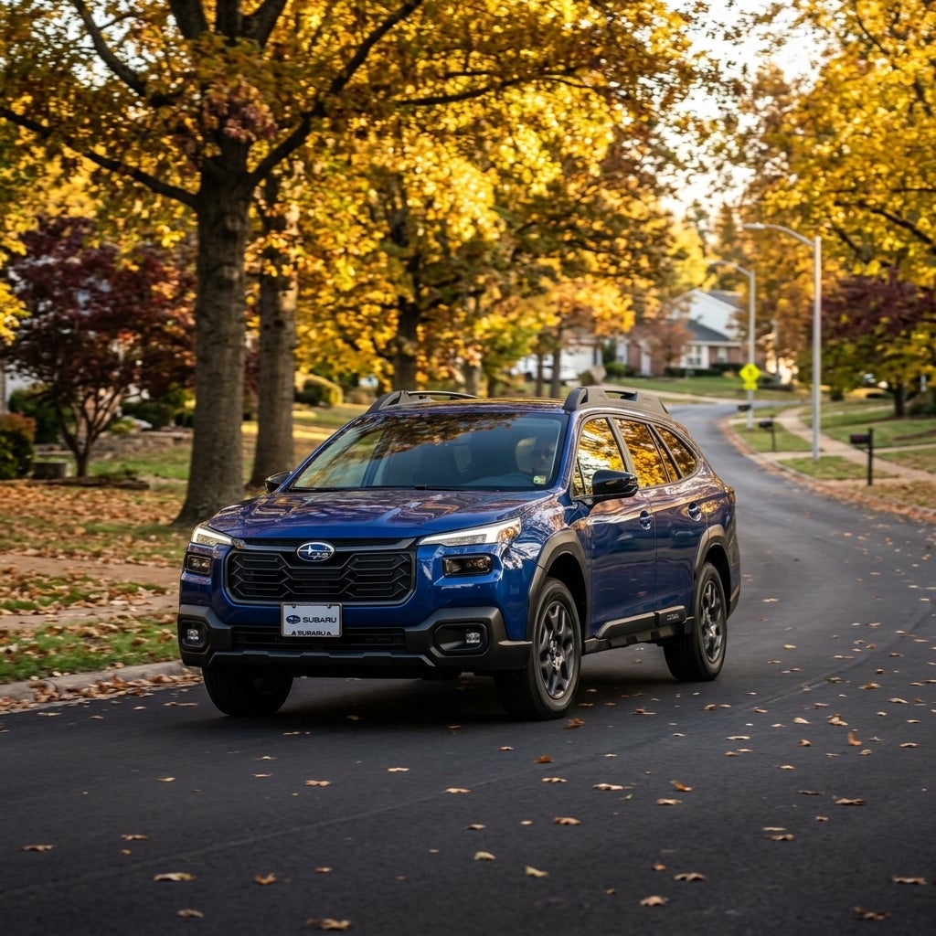 A blue Subaru SUV driving down a suburban neighborhood street lined with golden autumn trees. (Representative image for illustration purposes only. Actual vehicle may vary based on trim and configuration.)