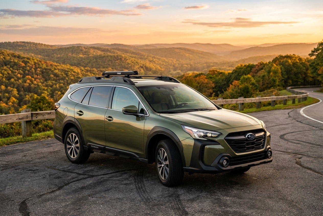Olive green Subaru Outback parked at a scenic mountain overlook during a warm autumn sunset. (Representative image for illustration purposes only. Actual vehicle may vary based on trim and configuration.)