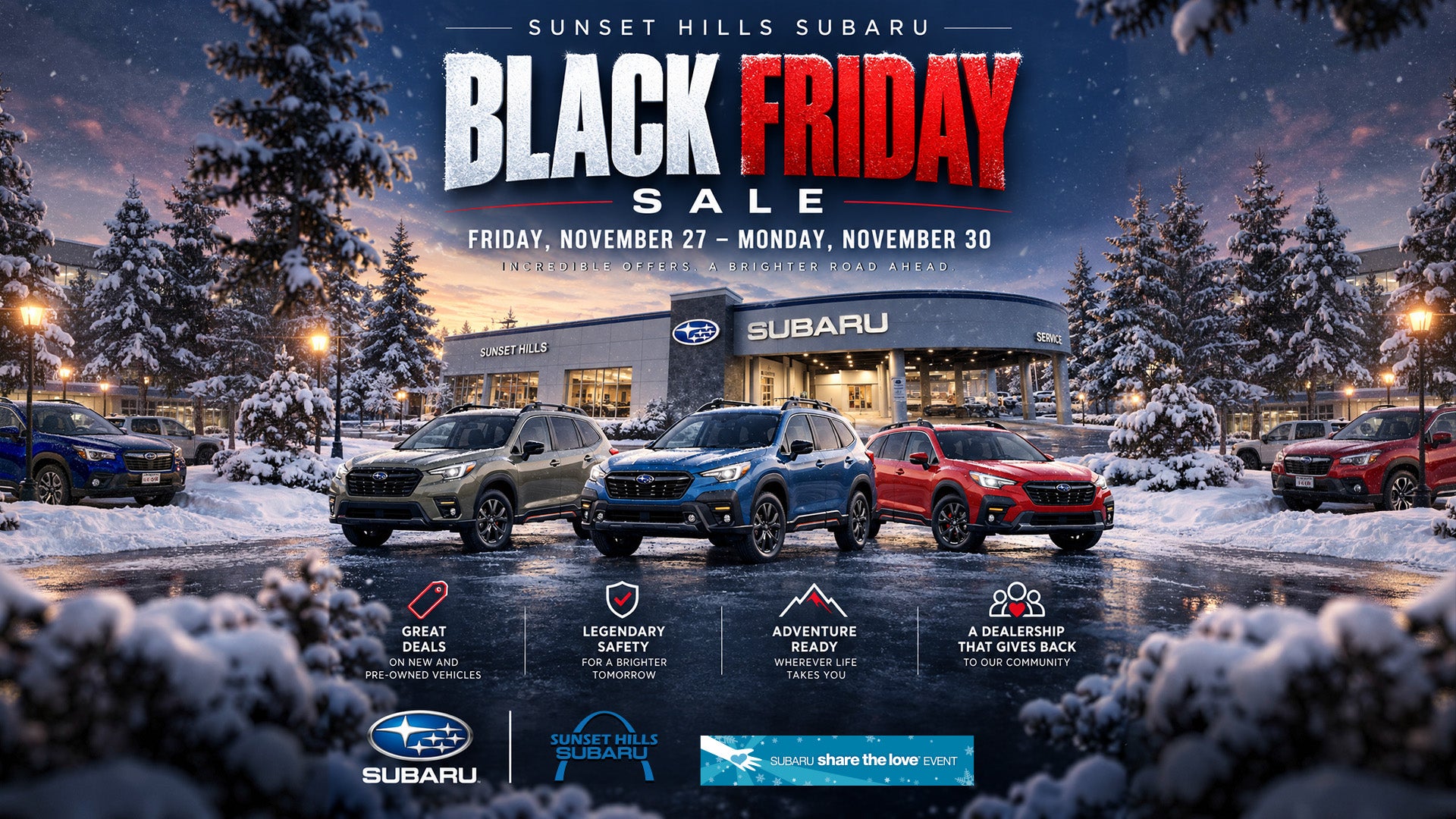 Sunset Hills Subaru Black Friday Sale graphic featuring Subaru vehicles parked in a snowy dealership lot.