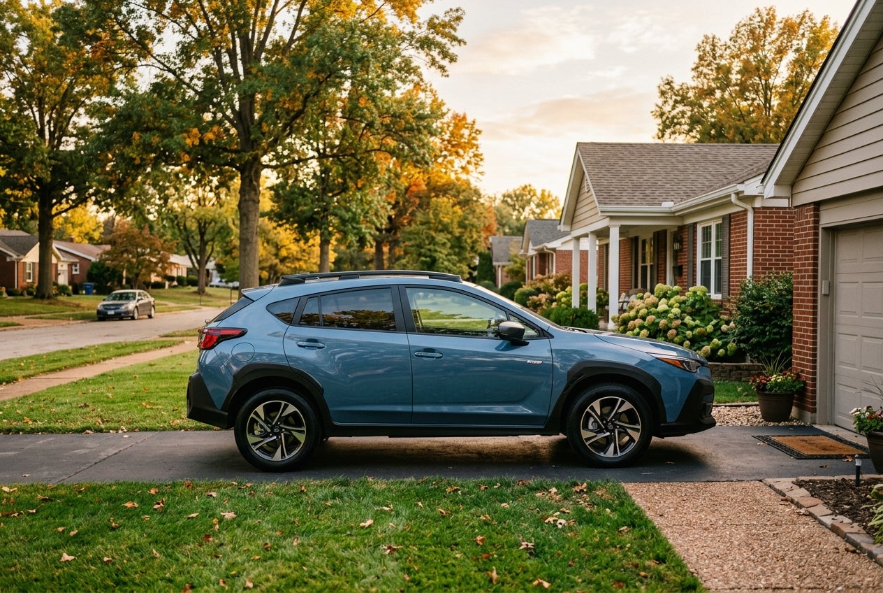 Side profile of a light blue compact SUV parked in a driveway in front of a suburban brick house in autumn. (Representative image for illustration purposes only. Actual vehicle may vary based on trim and configuration.)