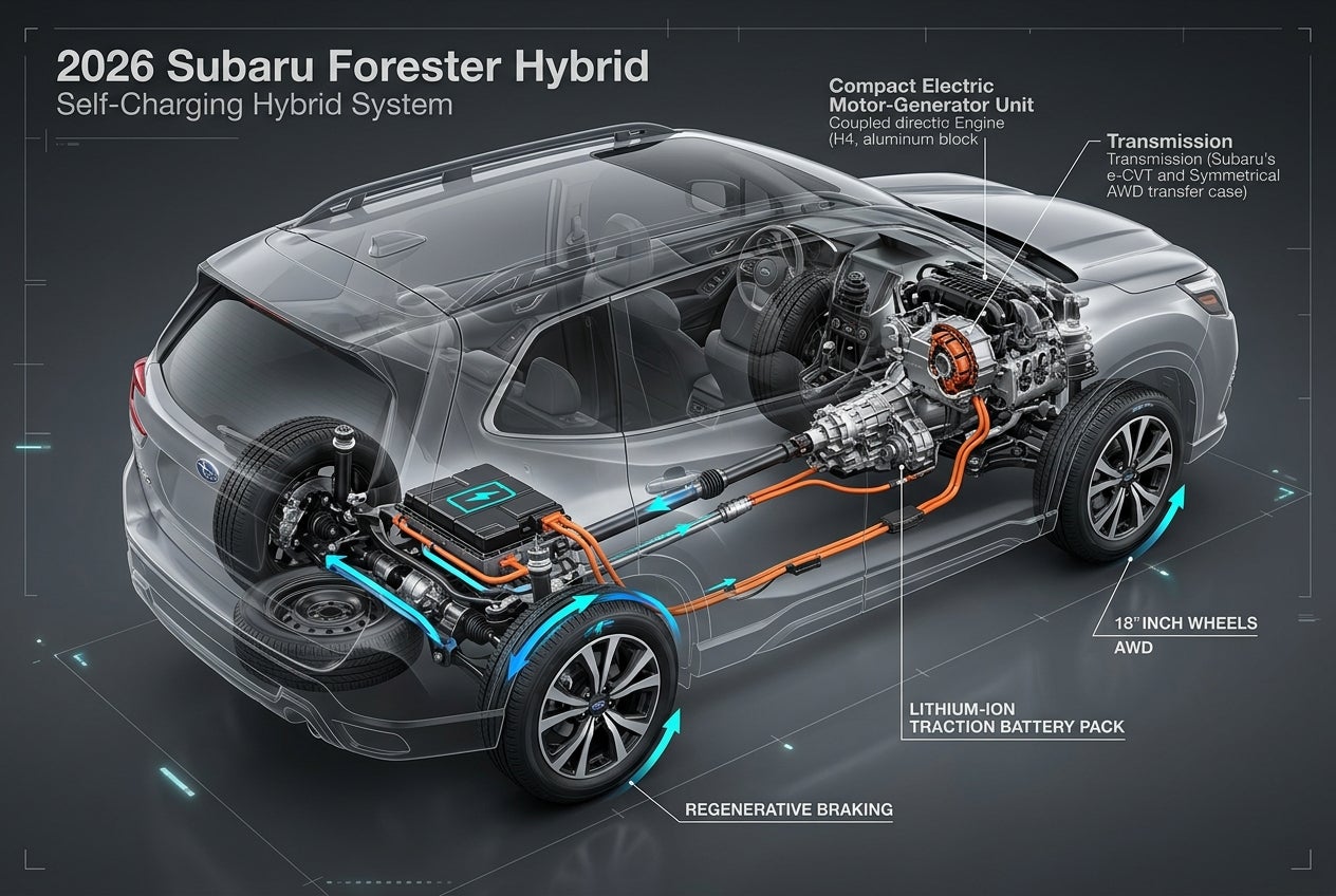 Cutaway diagram of the 2026 Subaru Forester Hybrid detailing its motor, battery pack, and drivetrain components. (Representative image for illustration purposes only. Actual vehicle may vary based on trim and configuration.)