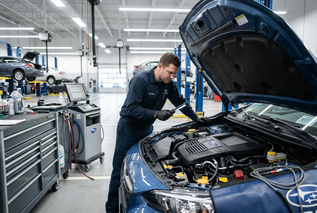 tech working an a Subaru engine
