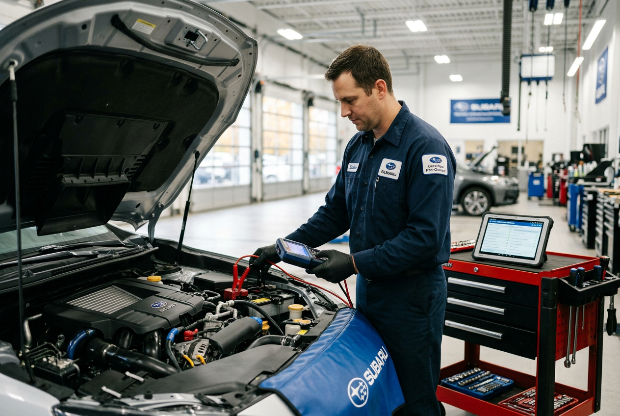Tech Inspecting a Subaru